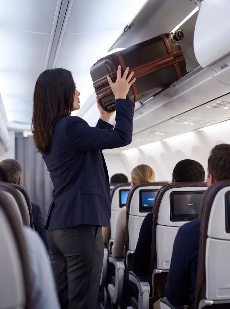 A traveler lifting a bag into the overhead bin, the kind of small courtesy Jetiquette is about