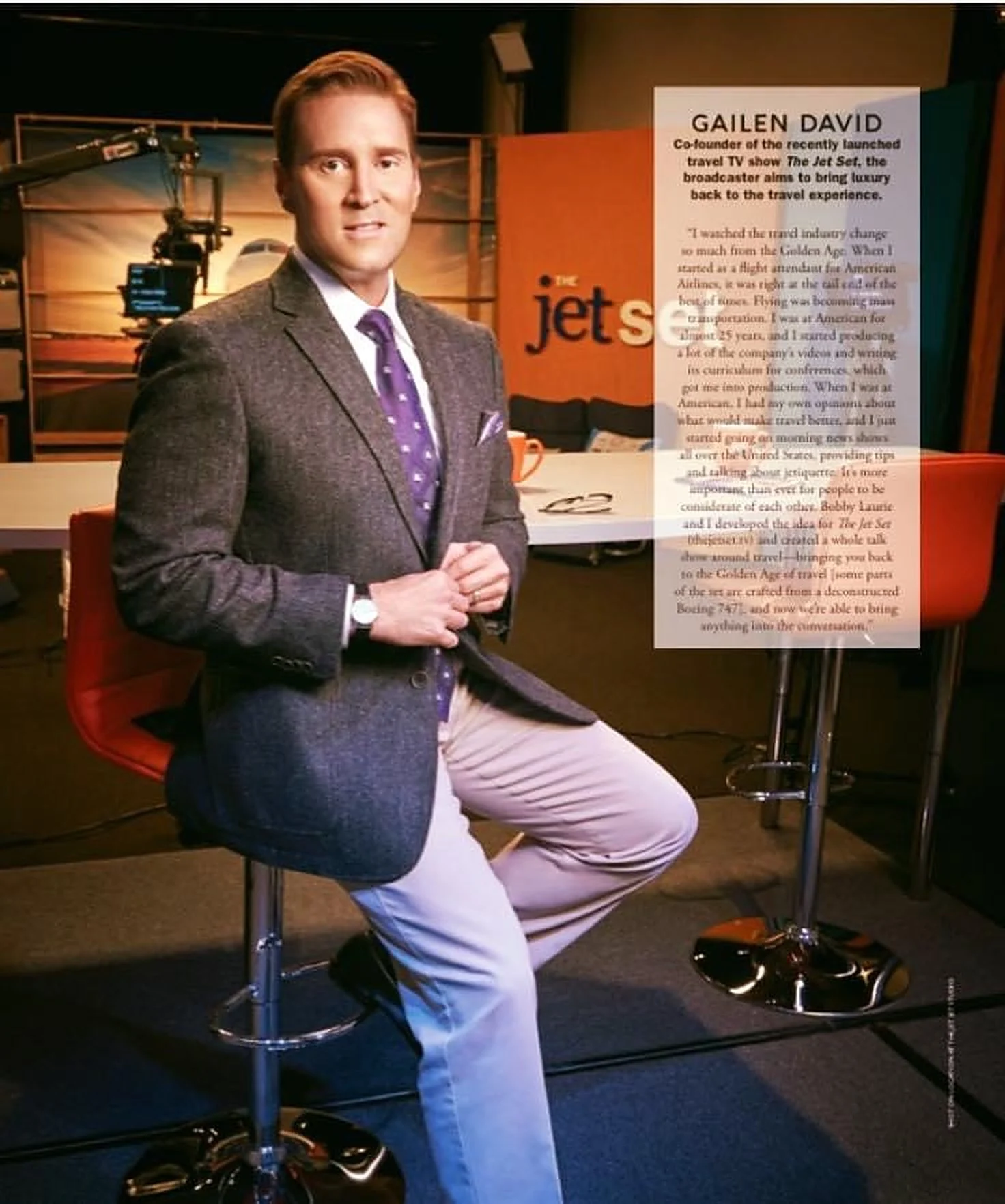 DC Modern Luxury feature: Gailen David, co-founder of the travel TV show The Jet Set, photographed on the show's set, with his quote about the Golden Age of travel and Jetiquette