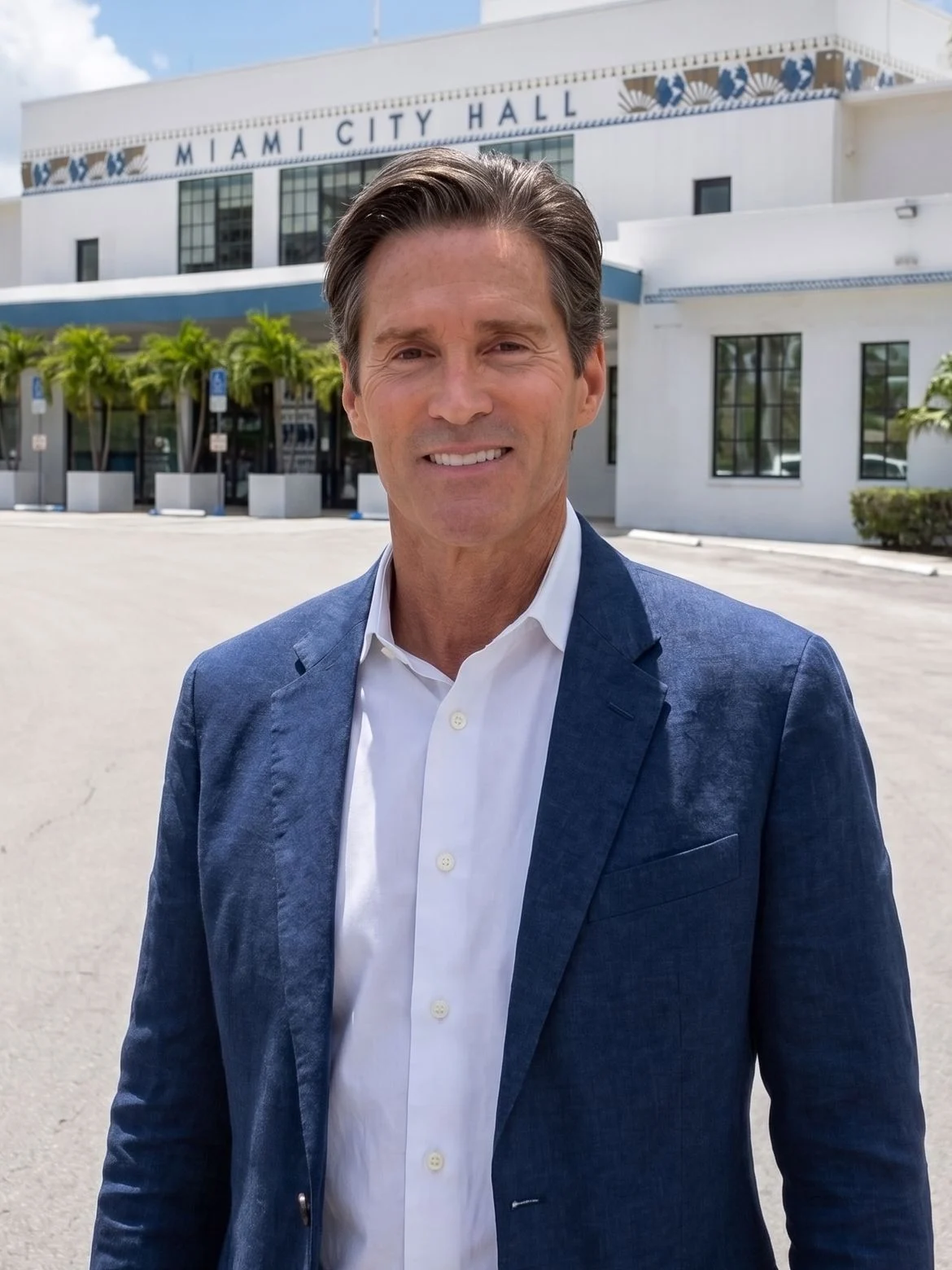 Gailen David outside Miami City Hall, the former Pan Am Dinner Key terminal